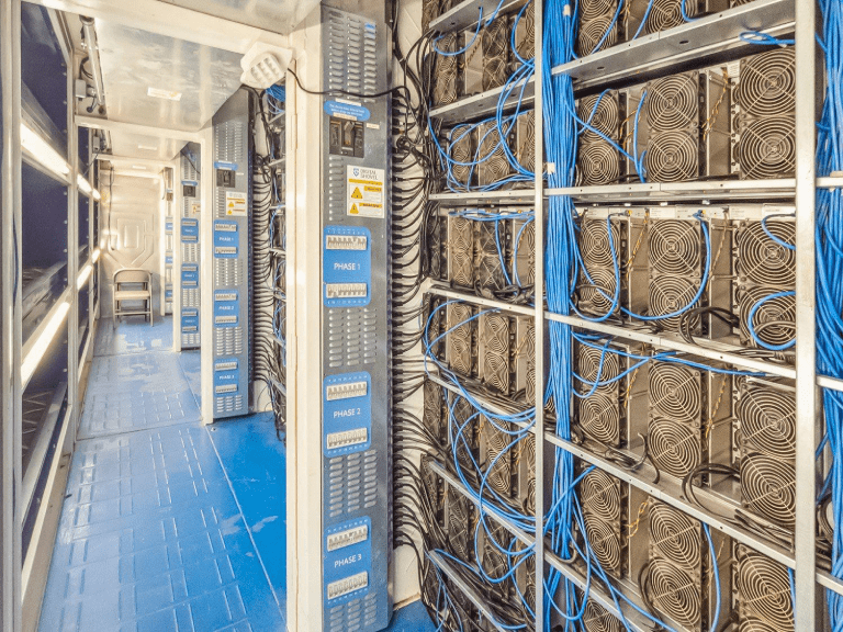 Nebraska partner site: interior aisle of a containerised mining hall